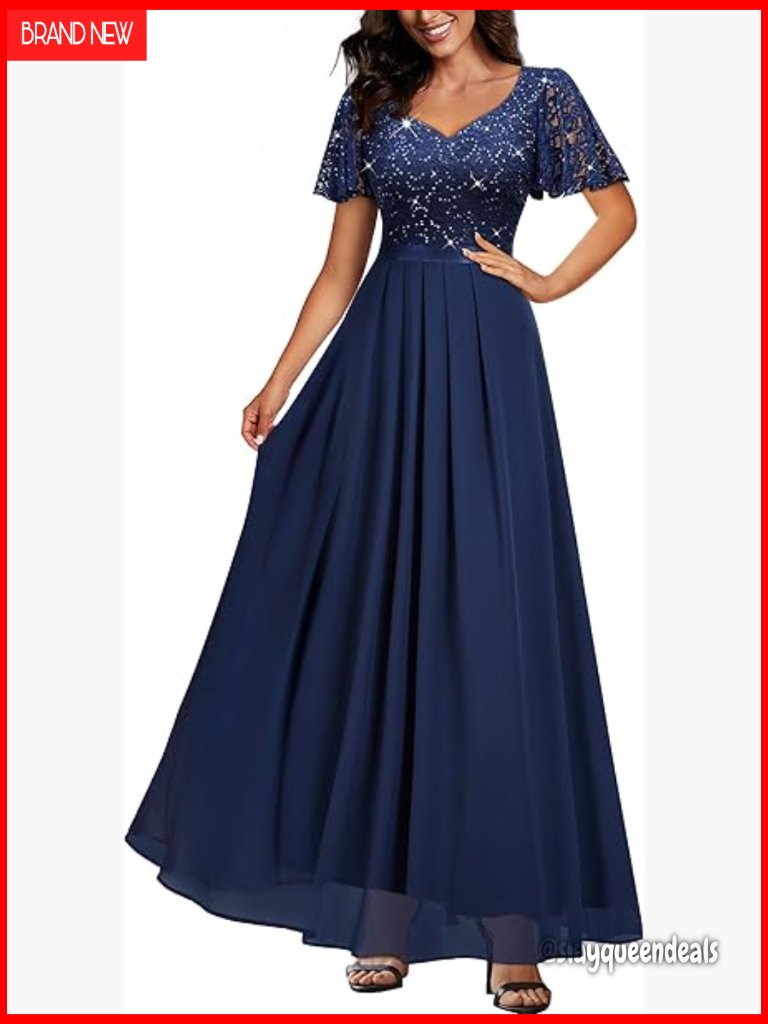 Retro V-Neck Ruffle Sleeve Sequined Lace Bridesmaid Maxi Dress